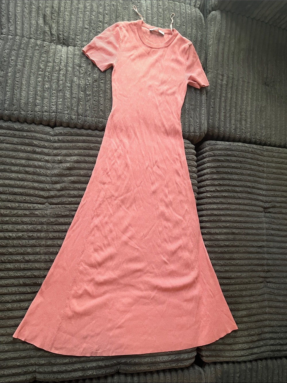 Zara Coral Maxi Ribbed Short-Sleeve Dress
